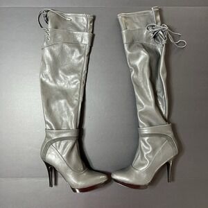 Nine West Knee High Boots Stiletto Womens 7.5 Gray Tie Accents Boho Going Out